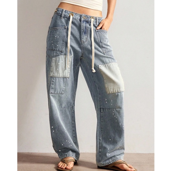 Medium Wash Speckled Color Block Wide leg Denim Jeans - Picture 5 of 6